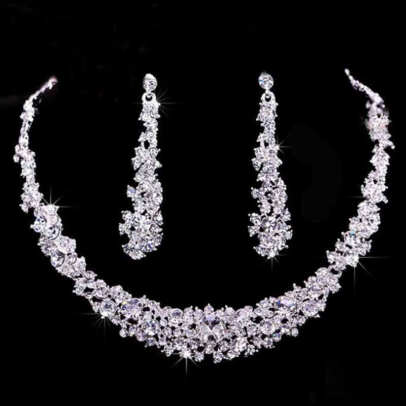 Eshylala Women Rhinestone Crystal Collar Necklace Earrings Wedding Party Jewelry Set