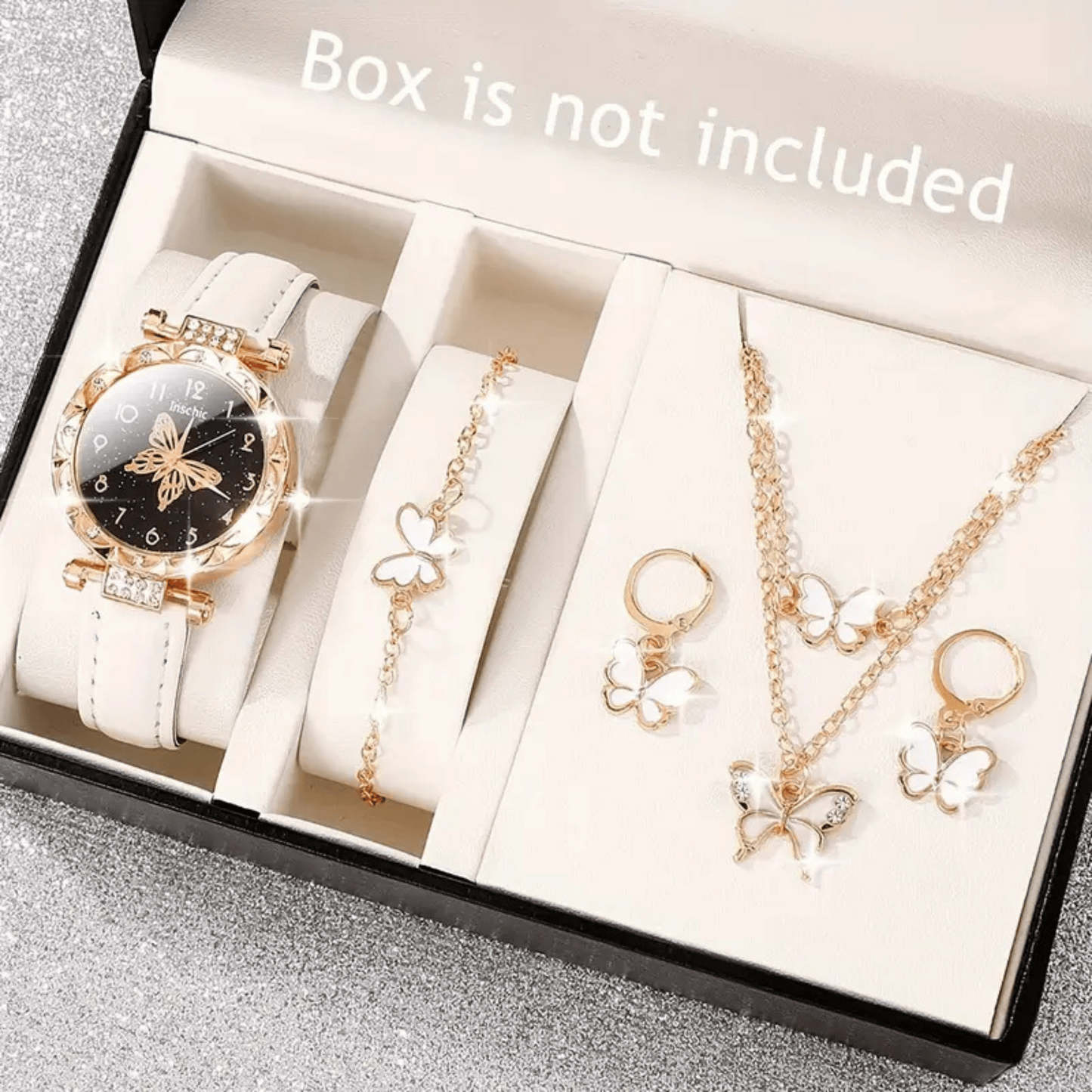 Elegant Butterfly Jewelry Set for Women – Watch, Necklace, Bracelet & Earrings – Rose Gold & White Crystal Accent