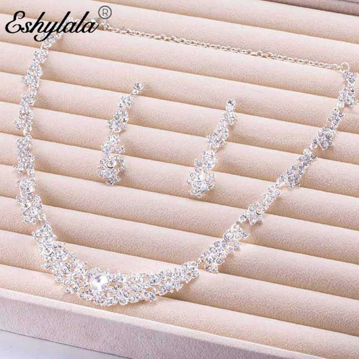Eshylala Women Rhinestone Crystal Collar Necklace Earrings Wedding Party Jewelry Set