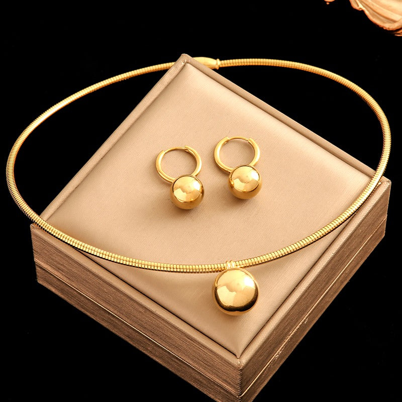 EILIECK 316L Stainless Steel 18K Gold Plated Bead Pendant Necklace Earrings Jewelry Set