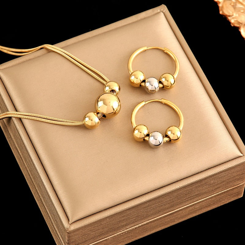 EILIECK 316L Stainless Steel 18K Gold Plated Bead Pendant Necklace Earrings Jewelry Set