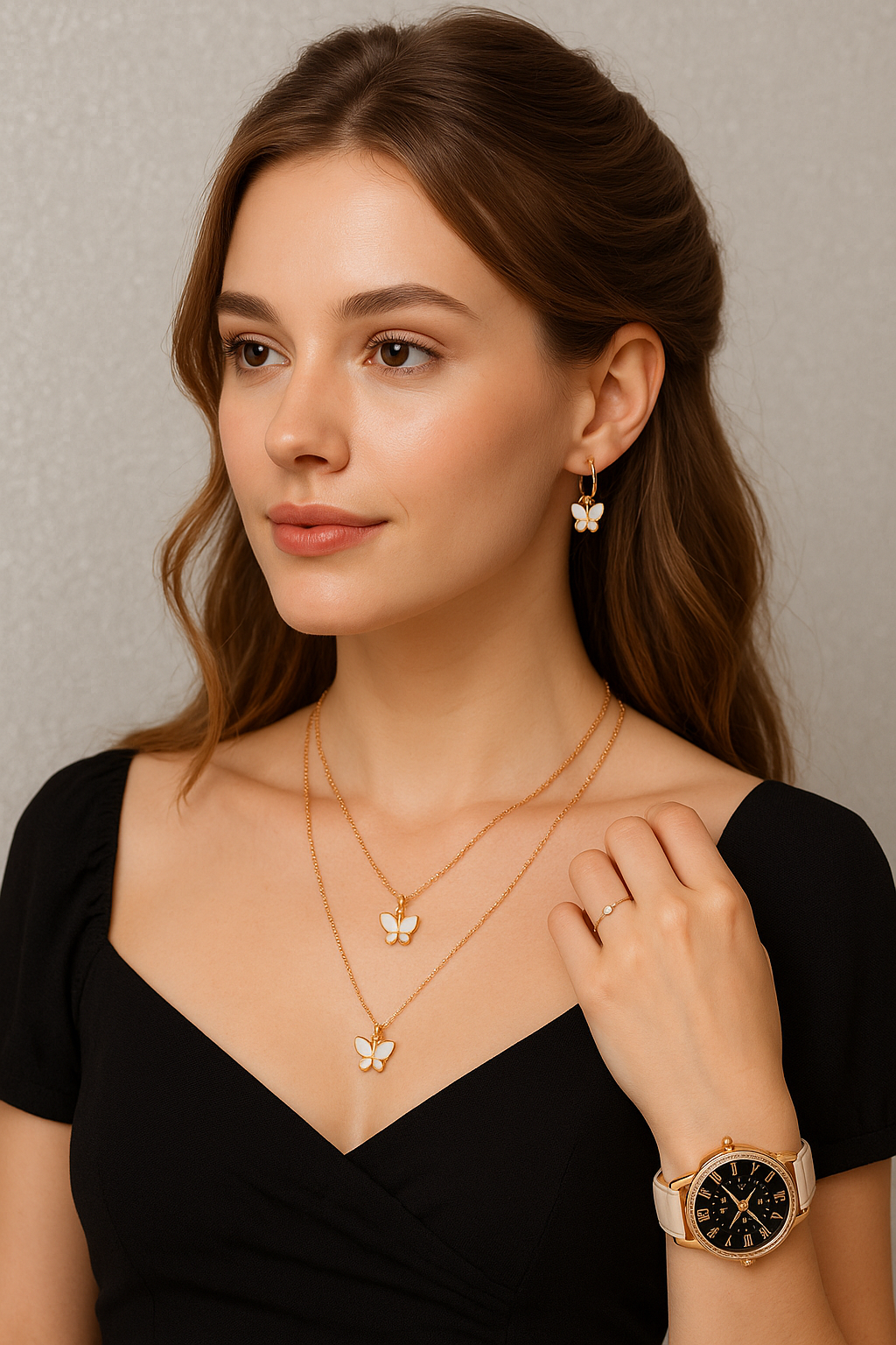 Elegant Butterfly Jewelry Set for Women – Watch, Necklace, Bracelet & Earrings – Rose Gold & White Crystal Accent