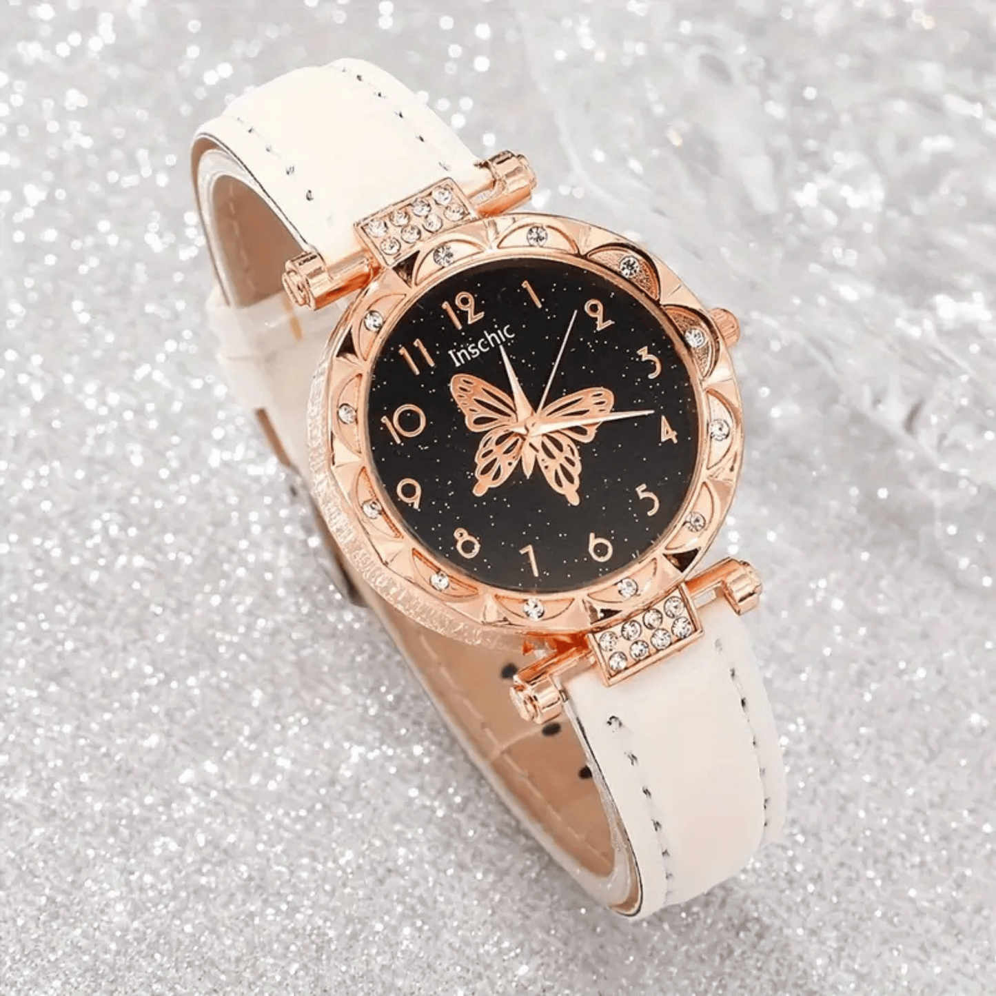 Elegant Butterfly Jewelry Set for Women – Watch, Necklace, Bracelet & Earrings – Rose Gold & White Crystal Accent