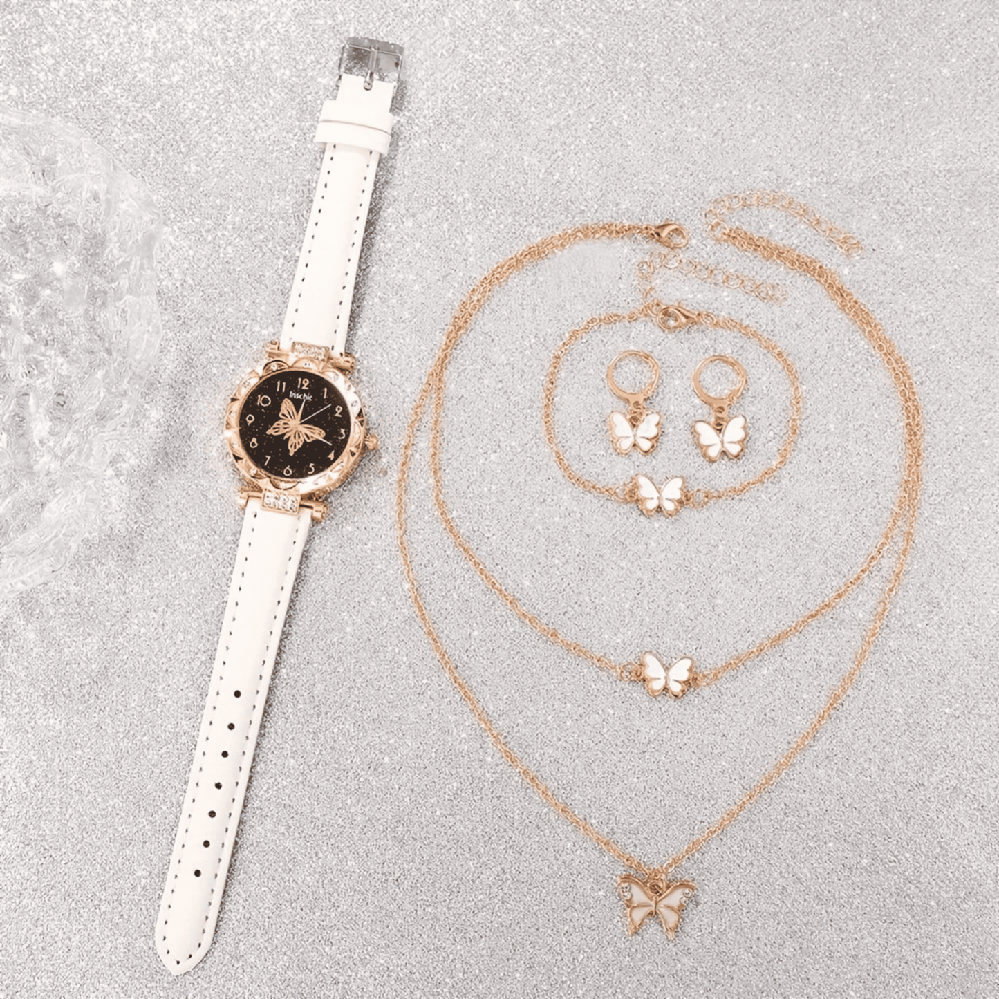 Elegant Butterfly Jewelry Set for Women – Watch, Necklace, Bracelet & Earrings – Rose Gold & White Crystal Accent