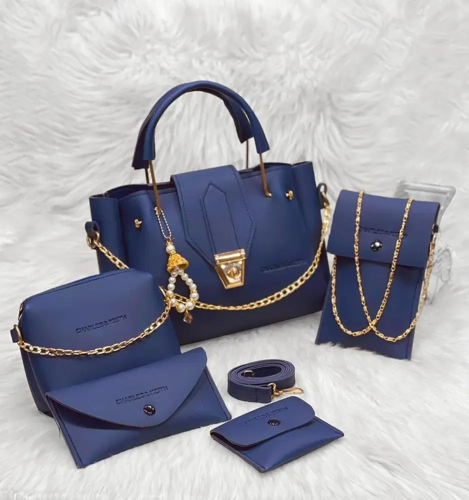 Hand Bags / 5 Pcs Women's PU Leather Plain Hand Bag Set