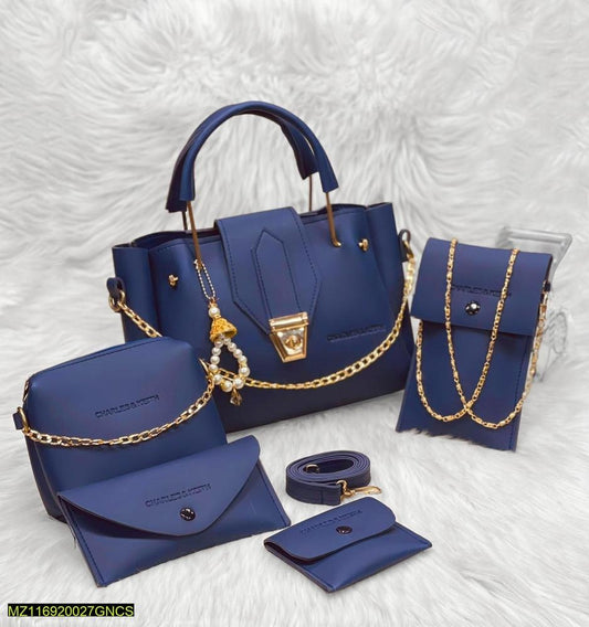Hand Bags / 5 Pcs Women's PU Leather Plain Hand Bag Set